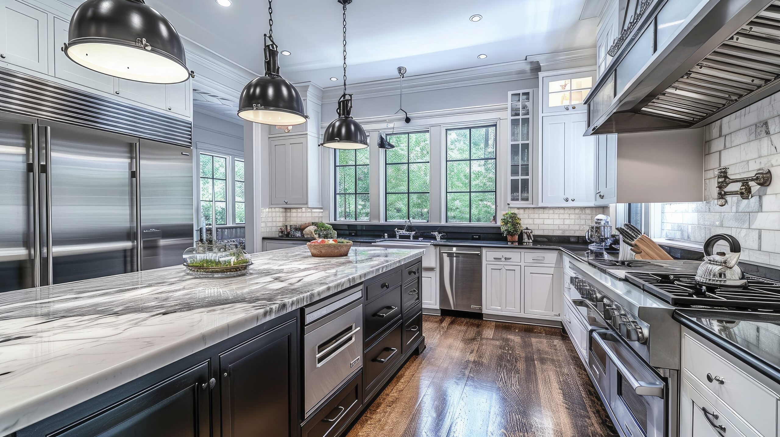 Marble kitchen in a custom home built by Drakon Builders in The Woodlands, Texas